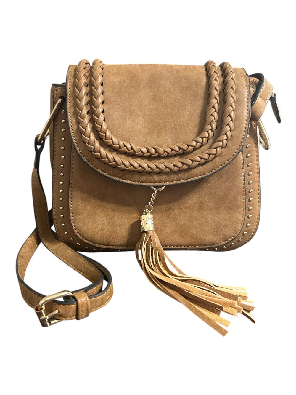 Tom Clovers Tan Boho Crossbody Bag Braided Tassel Faux Leather Saddle Purse